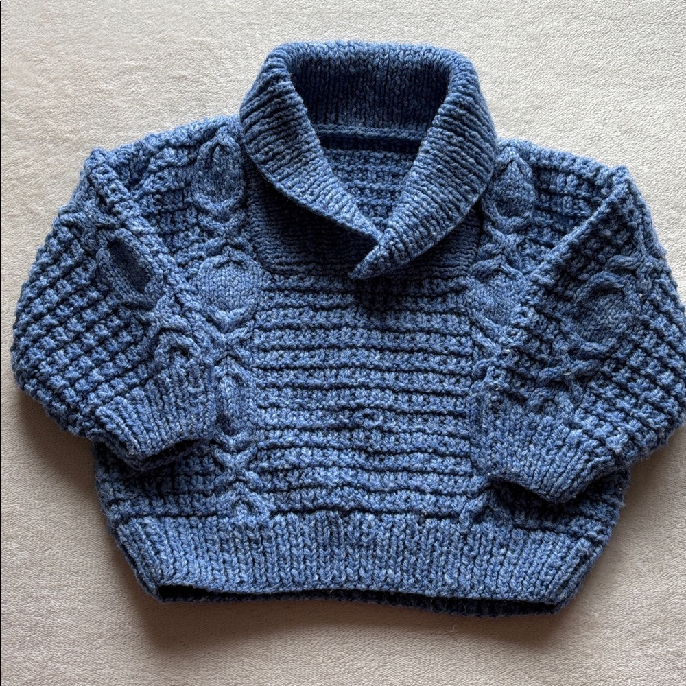 Kids Hand Knit Grandpa Sweater Cableknit Soft Chunky Blue Size 3T Boy or Girl